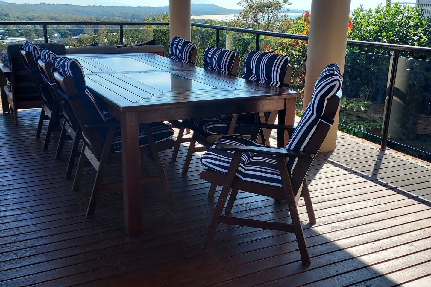 Breakfast on the deck overlooking the ocean and bushland